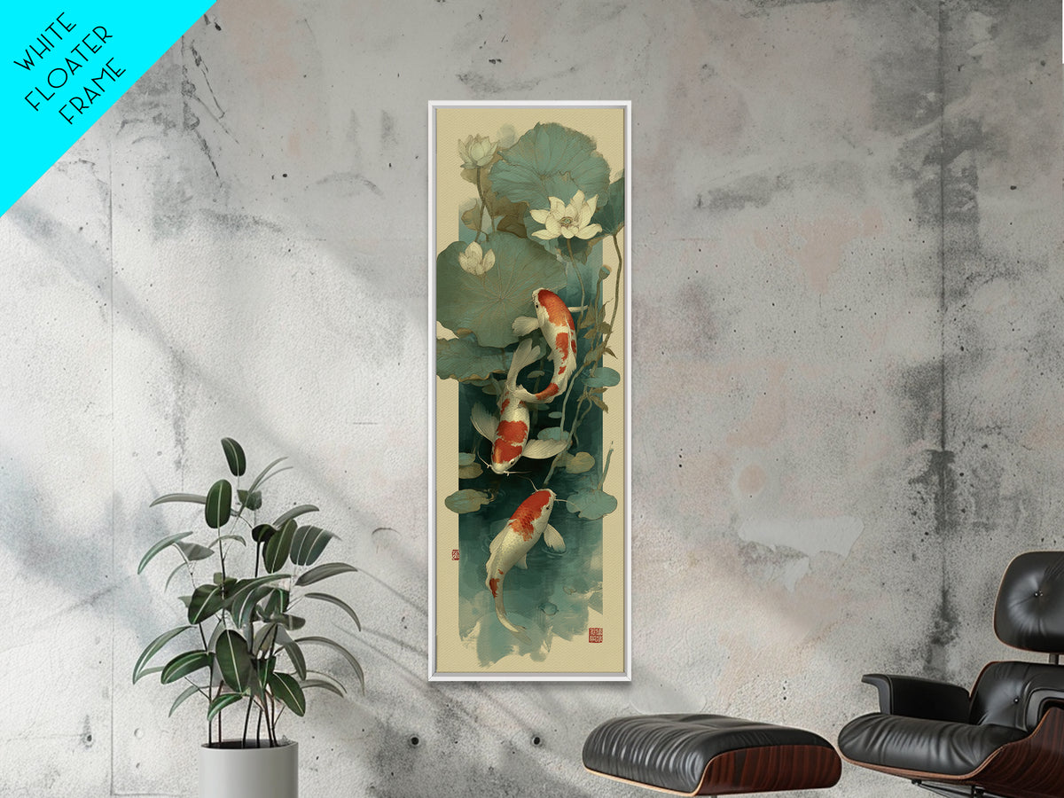 Koi Fish Circling Beneath Floating Lotus Blossoms Canvas Print, Asian Inspired Art, Luxury Decor, Living Room Decor, Harmony, ASI-1x3-86