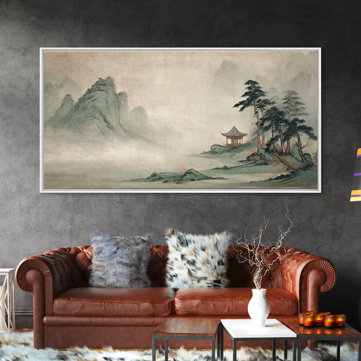 Chinese Mountain Scroll Landscape Framed Canvas Print, Asian Inspired Art, Floral Art, Living Room Decor, Oil Painting, Harmony, ASI-2x1-100