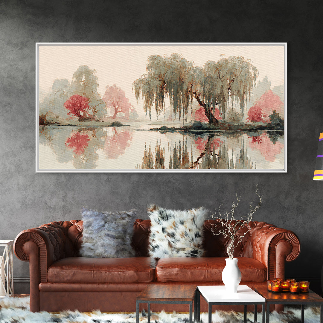 Willow Tree over a Reflective Pond Framed Canvas Print, Asian Inspired Art, Fine Art Print, Living Room Decor, Watercolor Art, ASI-2x1-14