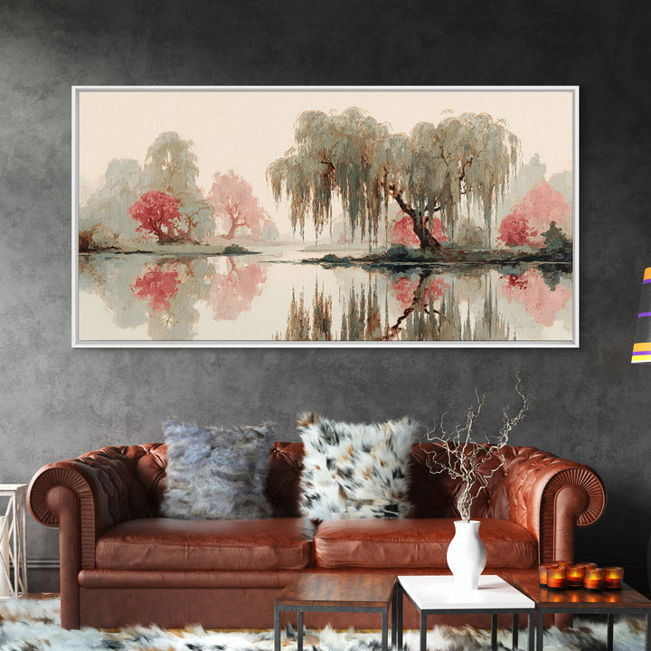 Willow Tree over a Reflective Pond Framed Canvas Print, Asian Inspired Art, Fine Art Print, Living Room Decor, Watercolor Art, ASI-2x1-14