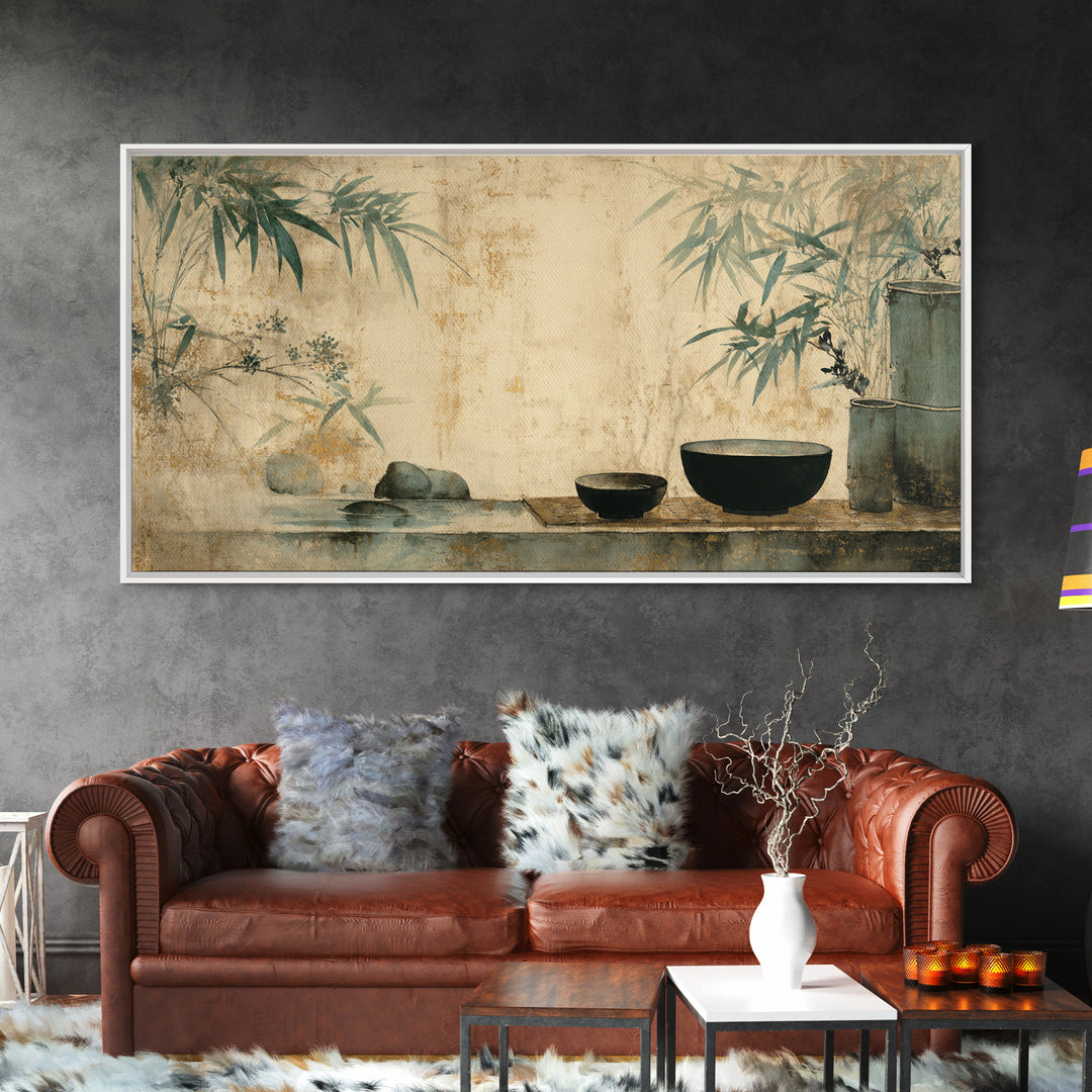 Tea Bowl and Steam Still Life on Framed Canvas Print, Asian Inspired Art, Living Room Decor, Oil Painting, Harmony, ASI-2x1-35