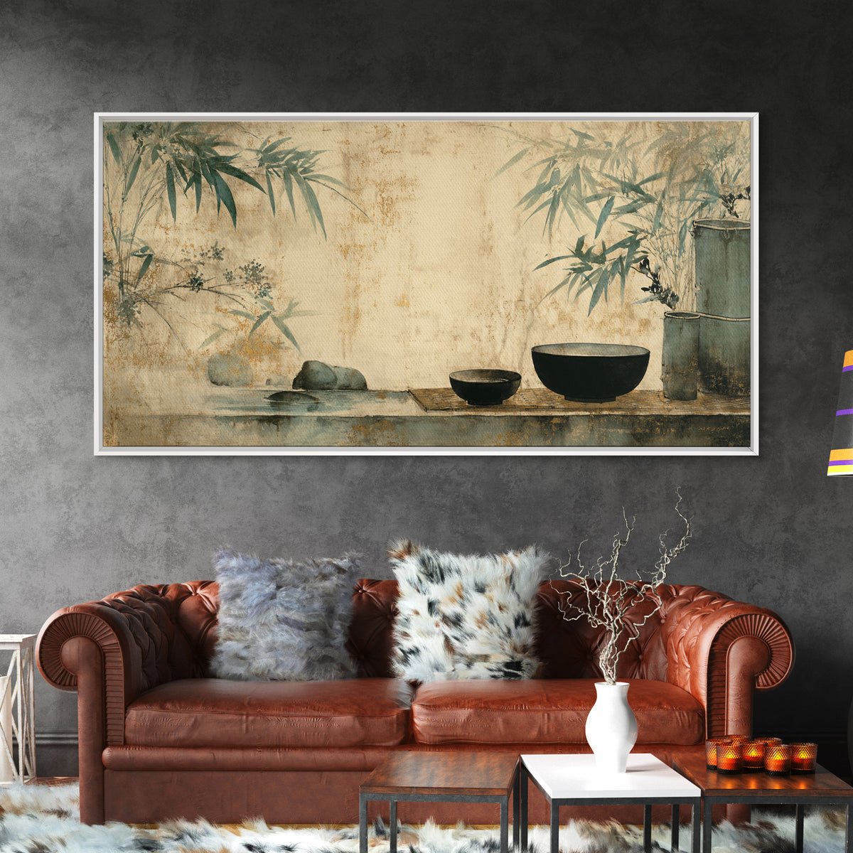 Tea Bowl and Steam Still Life on Framed Canvas Print, Asian Inspired Art, Living Room Decor, Oil Painting, Harmony, ASI-2x1-35
