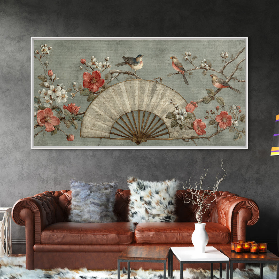 Fan Shaped Composition of Blossoms and Birds Canvas Print, Asian Inspired Art, Minimalist Decor, Living Room Decor, Harmony, ASI-2x1-37