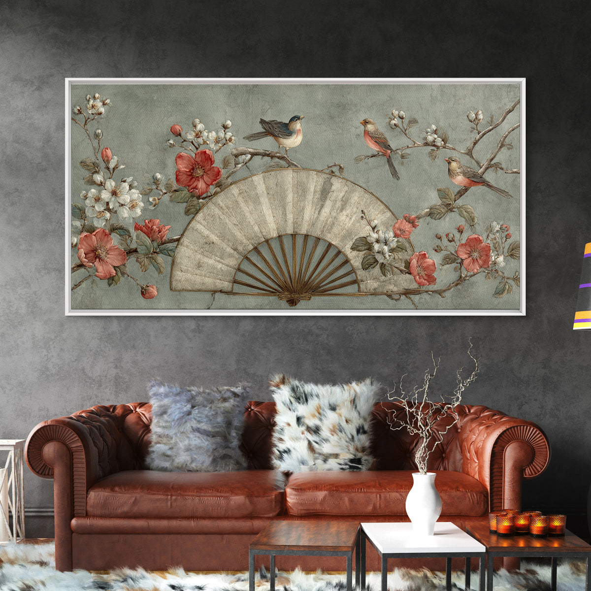 Fan Shaped Composition of Blossoms and Birds Canvas Print, Asian Inspired Art, Minimalist Decor, Living Room Decor, Harmony, ASI-2x1-37