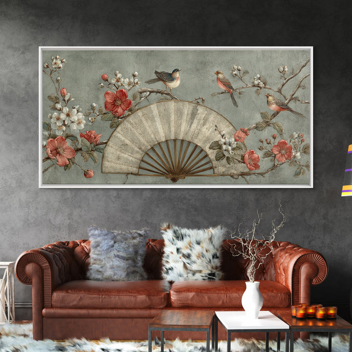 Fan Shaped Composition of Blossoms and Birds Canvas Print, Asian Inspired Art, Minimalist Decor, Living Room Decor, Harmony, ASI-2x1-37
