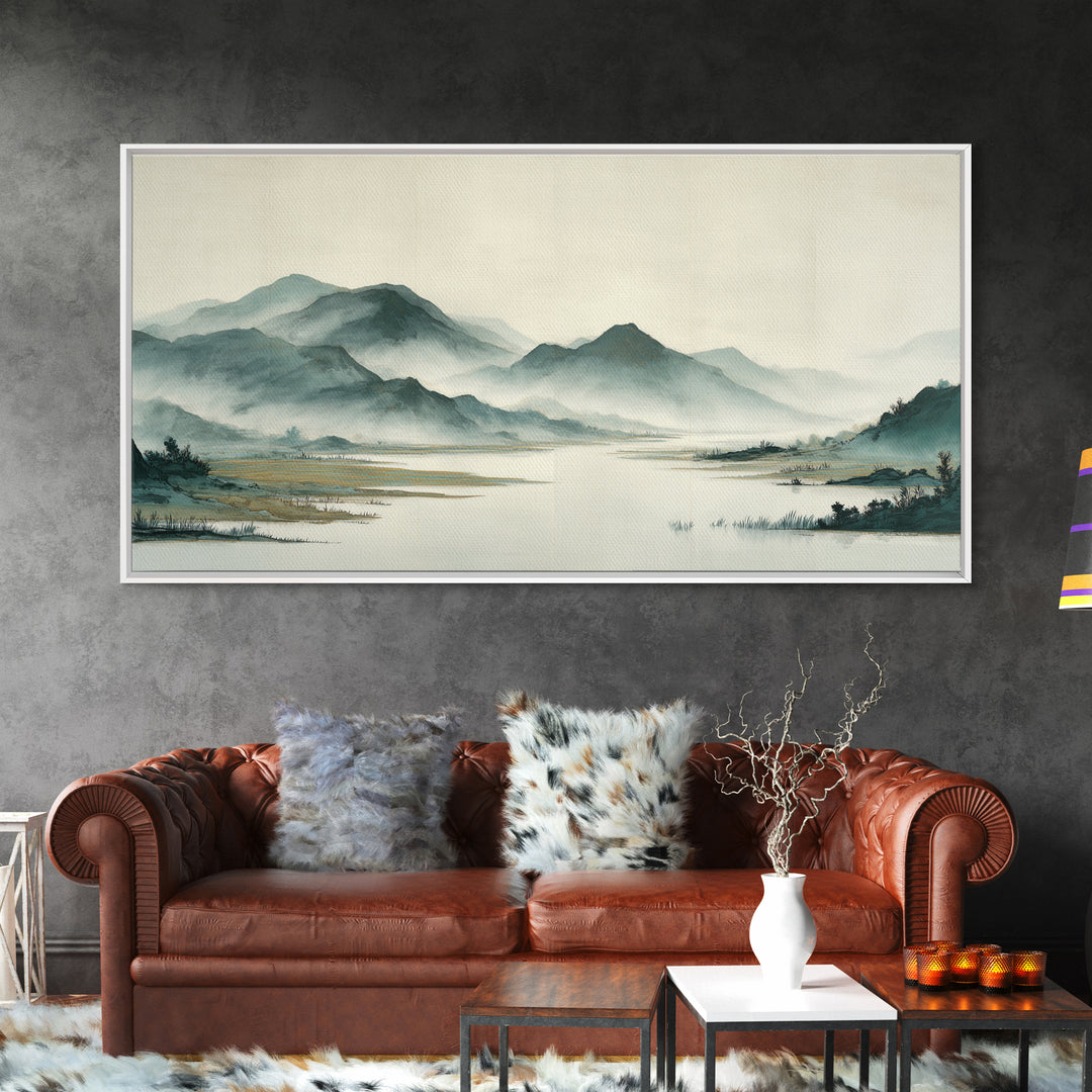 Japanese Ink Landscape Canvas Print, Asian Inspired Art, Wall Decor, Living Room Decor, Fine Art, Harmony, Farmhouse Wall Art, ASI-2x1-48
