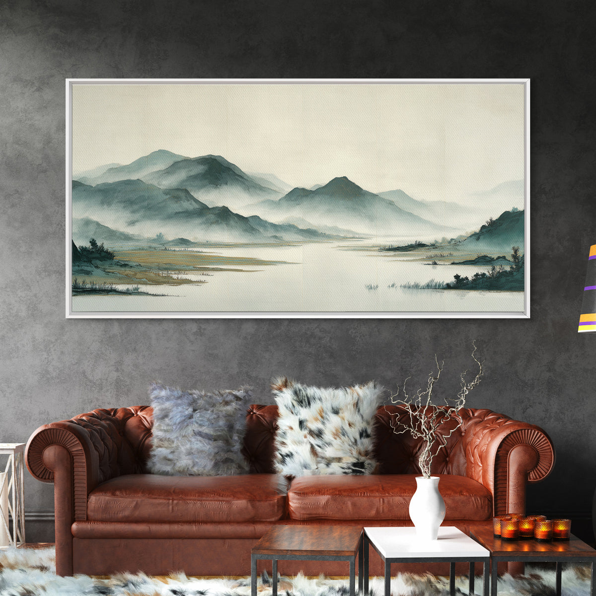 Japanese Ink Landscape Canvas Print, Asian Inspired Art, Wall Decor, Living Room Decor, Fine Art, Harmony, Farmhouse Wall Art, ASI-2x1-48