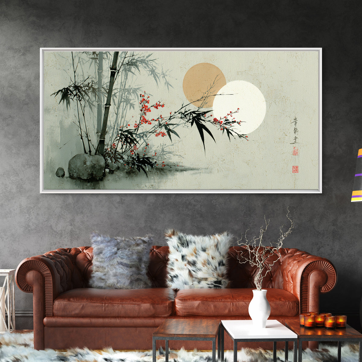 Golden Moon Behind Bamboo Silhouettes Canvas Print, Asian Inspired Art, Art Nouveau, Living Room Decor, Fine Art, Harmony, ASI-2x1-49