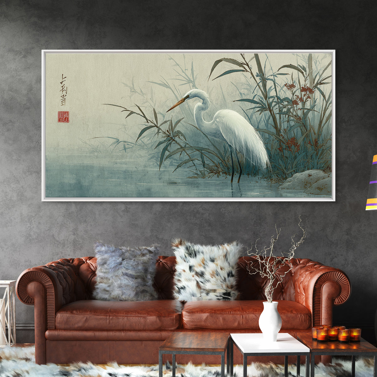 White Heron Standing Canvas Print, Asian Inspired Art, Printable Art, Living Room Decor, Oil Painting, Harmony, ASI-2x1-53