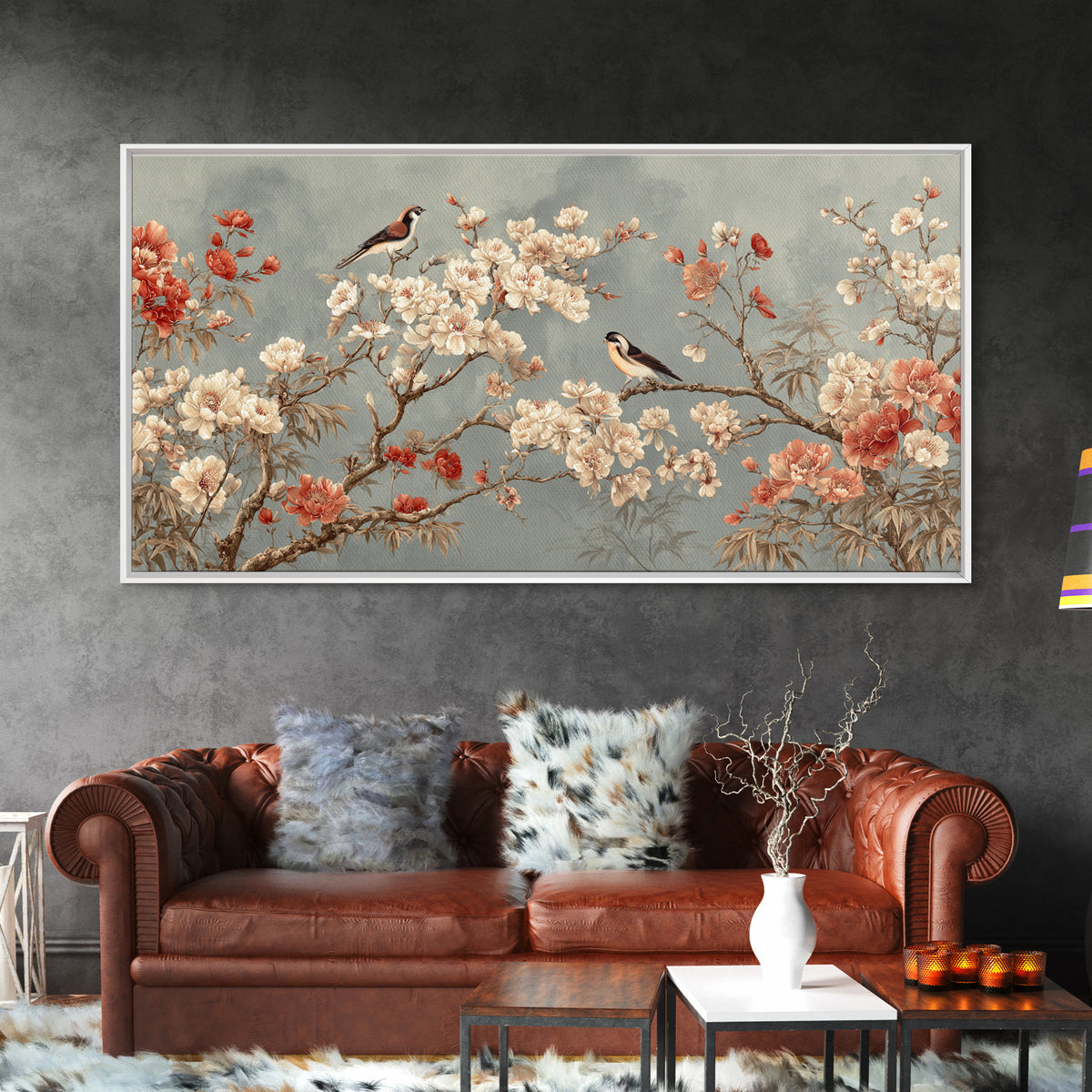 Fan Shaped Composition of Blossoms and Birds Canvas Print, Asian Inspired Art, Digital Art, Living Room Decor, Abstract Art, ASI-2x1-61