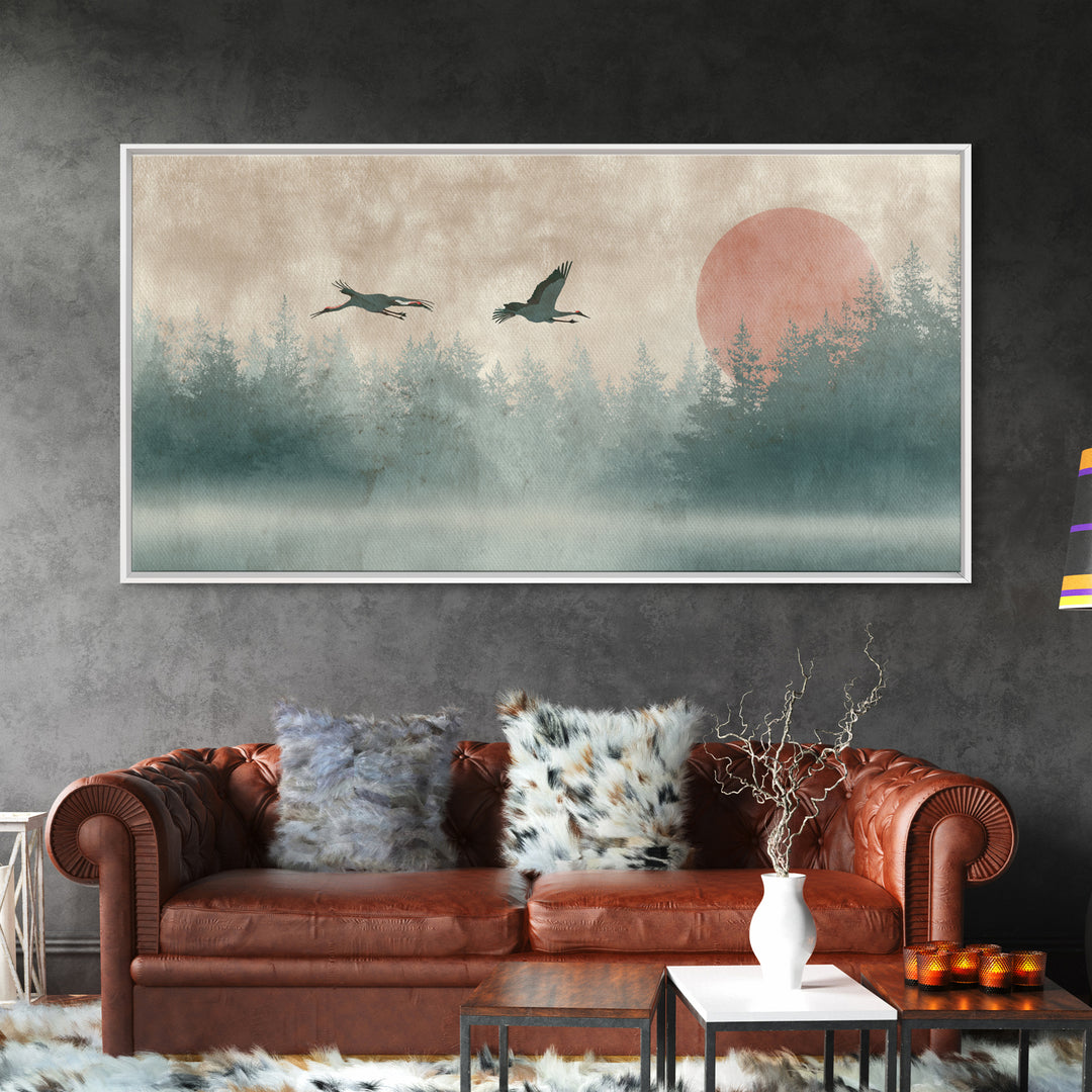 Crane and Moon Composition Canvas Print, Asian Inspired Art, Printable Art, Living Room Decor, Watercolor Art, Harmony, ASI-2x1-68