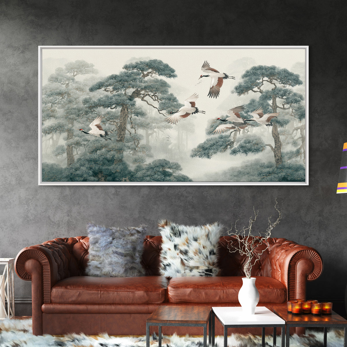 Red Crowned Cranes Flying Through Misty Pine Canvas Print, Asian Inspired Art, Japanese Art, Living Room Decor, Harmony, ASI-2x1-69