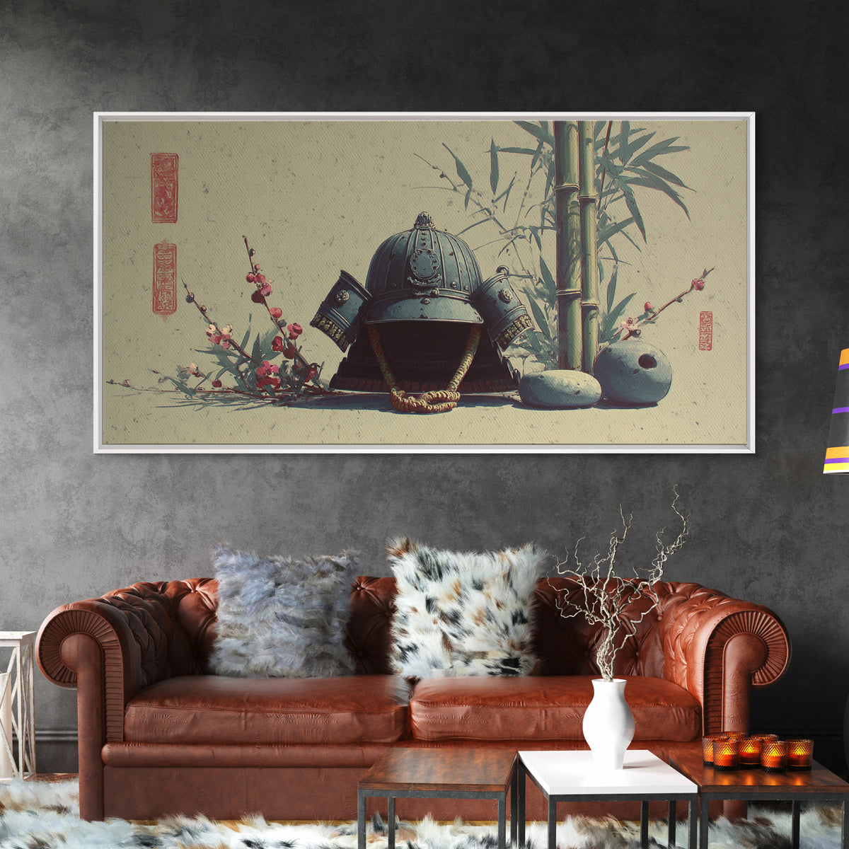 Samurai Helmet Still Life Framed Canvas Print, Asian Inspired Art, Boho Decor, Living Room Decor, Harmony, Digital Art, ASI-2x1-75