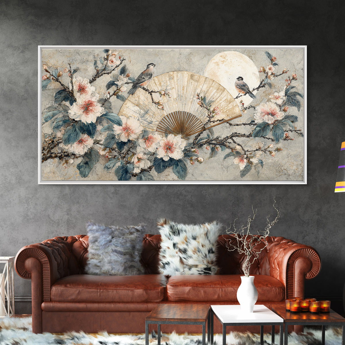 Fan Shaped Composition of Blossoms and Birds Canvas Print, Asian Inspired Art, Unique Wall Art, Living Room Decor, Harmony, ASI-2x1-85