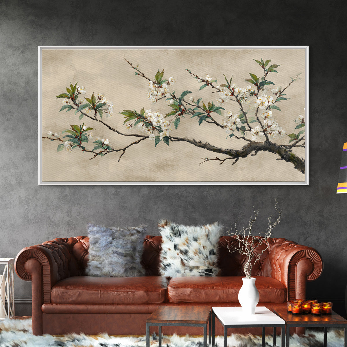 Cherry Blossom Branch Framed Canvas Print, Asian Inspired Art, Asian Art, Living Room Decor, Oil Painting, Harmony, ASI-2x1-95