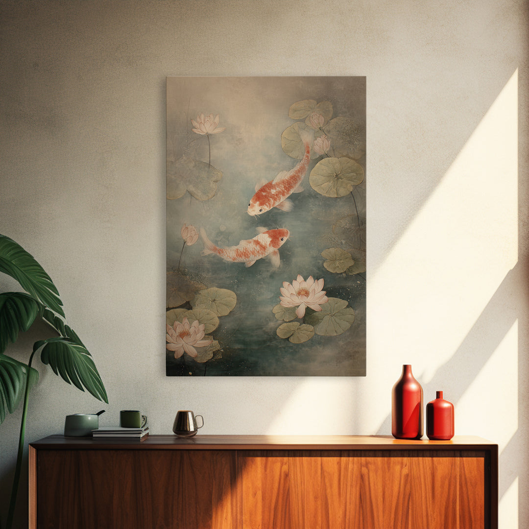 Koi Fish Circling Beneath Floating Lotus Blossoms Canvas Print, Asian Inspired Art, Luxury Decor, Living Room Decor, Harmony, ASI-2x3-10