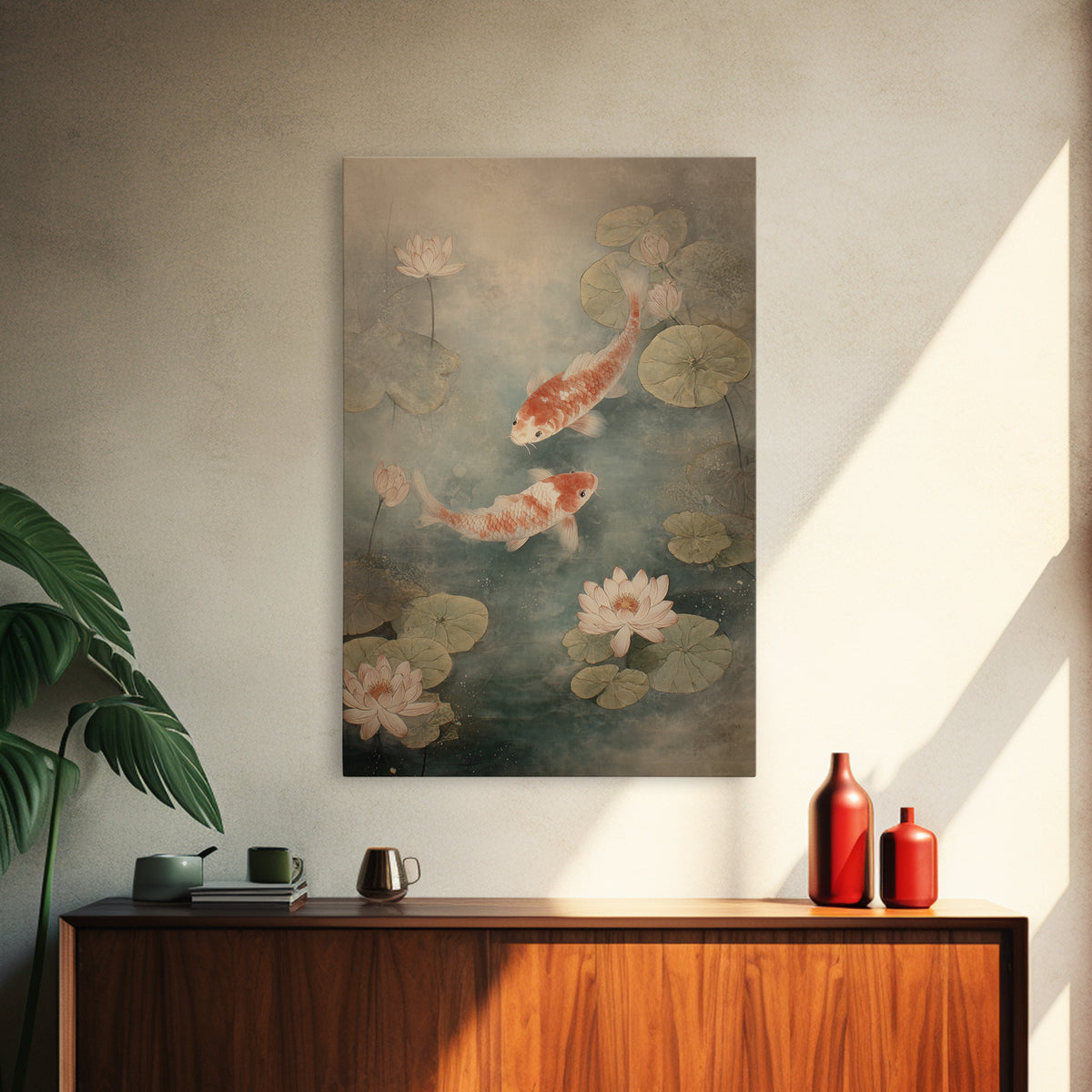 Koi Fish Circling Beneath Floating Lotus Blossoms Canvas Print, Asian Inspired Art, Luxury Decor, Living Room Decor, Harmony, ASI-2x3-10