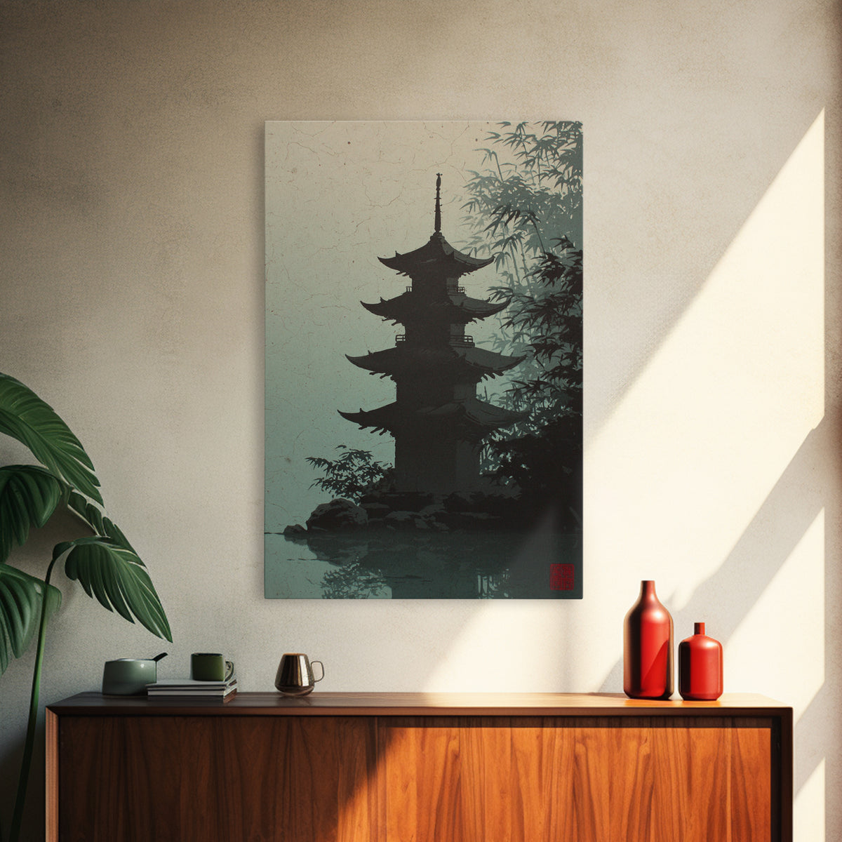 Pagoda Silhouette at Sunset Framed Canvas Print, Asian Inspired Art, Neutral Decor, Living Room Decor, Fine Art, Harmony, ASI-2x3-19