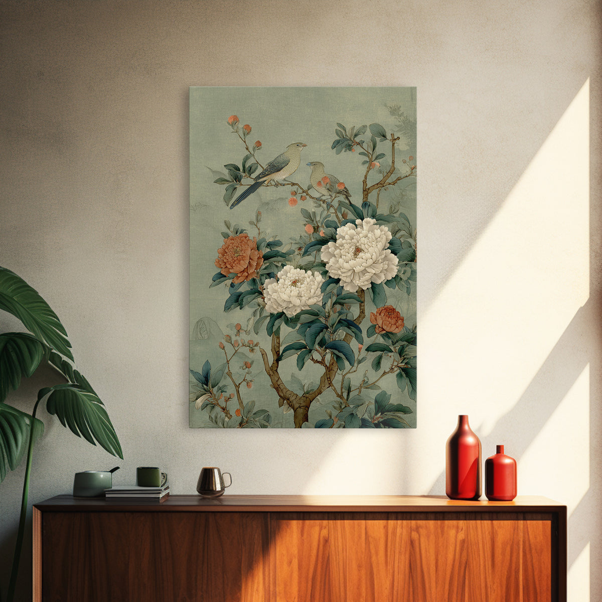 Fan Shaped Composition of Blossoms and Birds Framed Canvas Print, Asian Inspired Art, Wall Art, Living Room Decor, Harmony, ASI-2x3-25