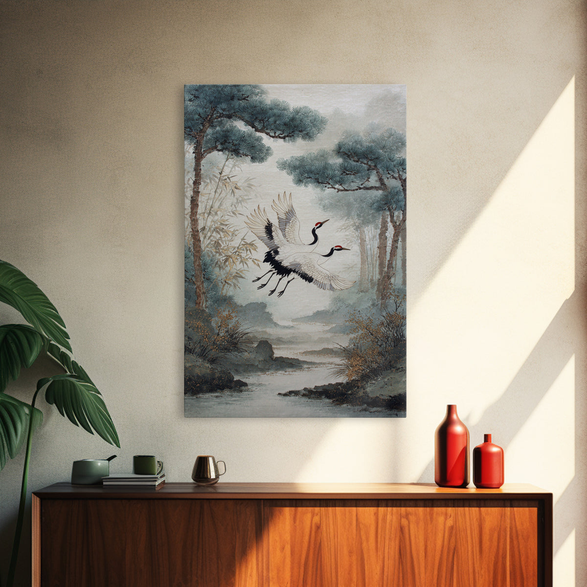 Red Crowned Cranes Flying Through Misty Pine Canvas Print, Asian Inspired Art, Printable Art, Living Room Decor, Harmony, ASI-2x3-33