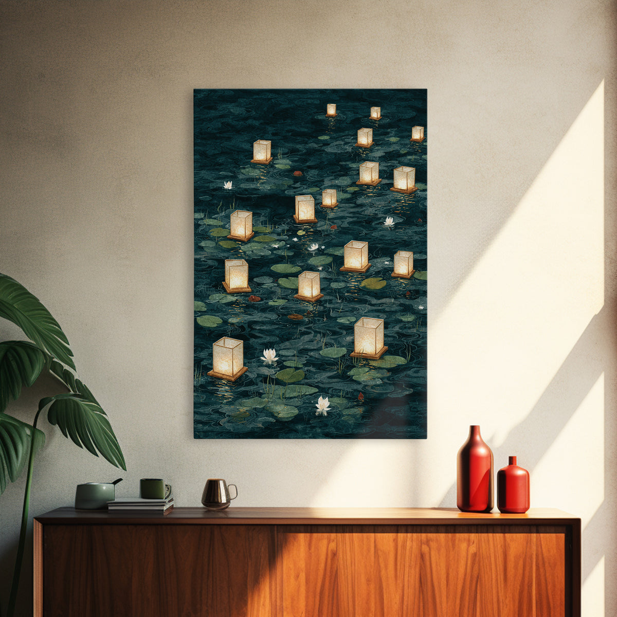 Floating Lanterns over Dark Water with Gentle Canvas Print, Asian Inspired Art, Room Decor, Living Room Decor, Harmony, ASI-2x3-51
