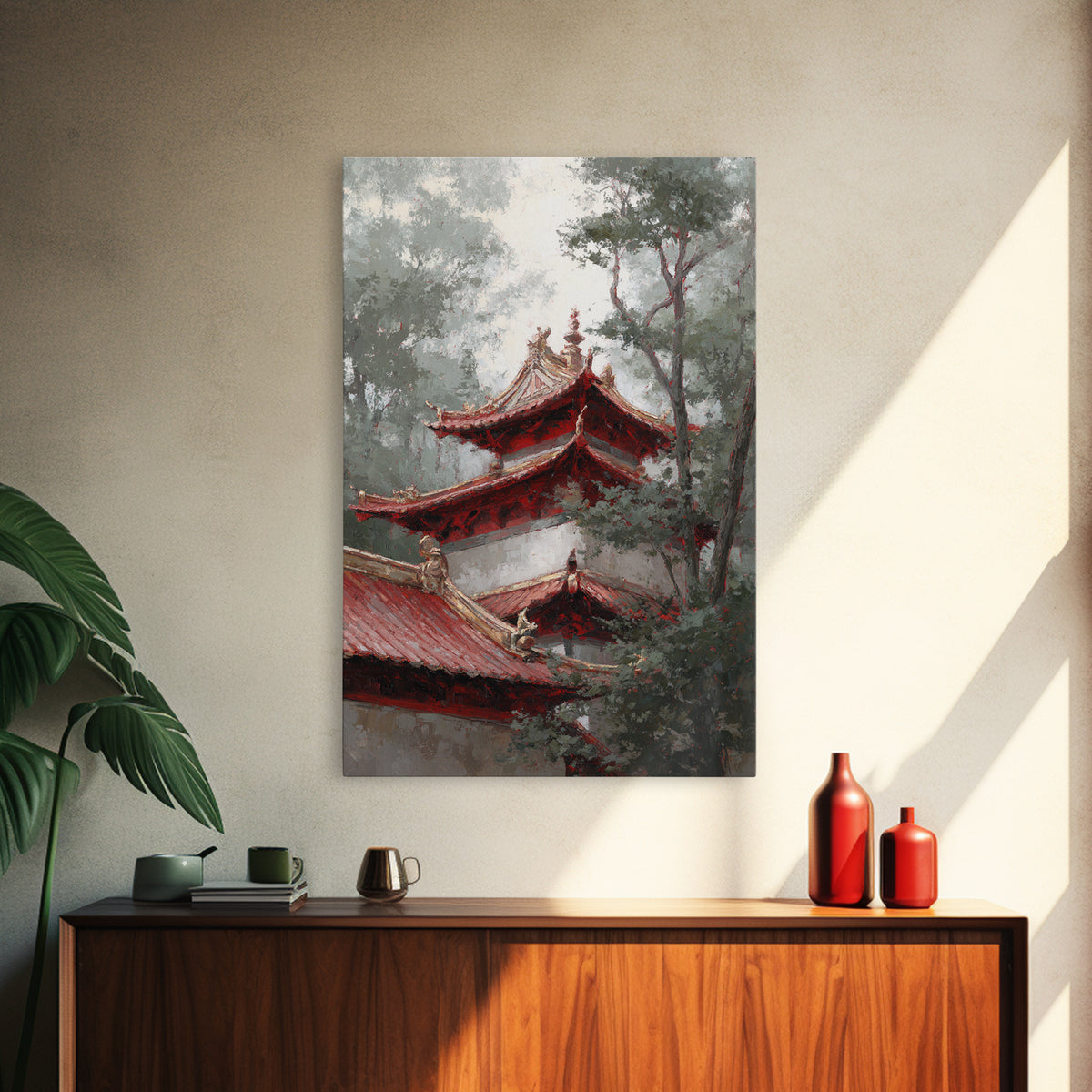 Temple Roof Detail Framed Canvas Print, Asian Inspired Art, Textured Painting, Living Room Decor, Harmony, Unique Wall Art, ASI-2x3-55