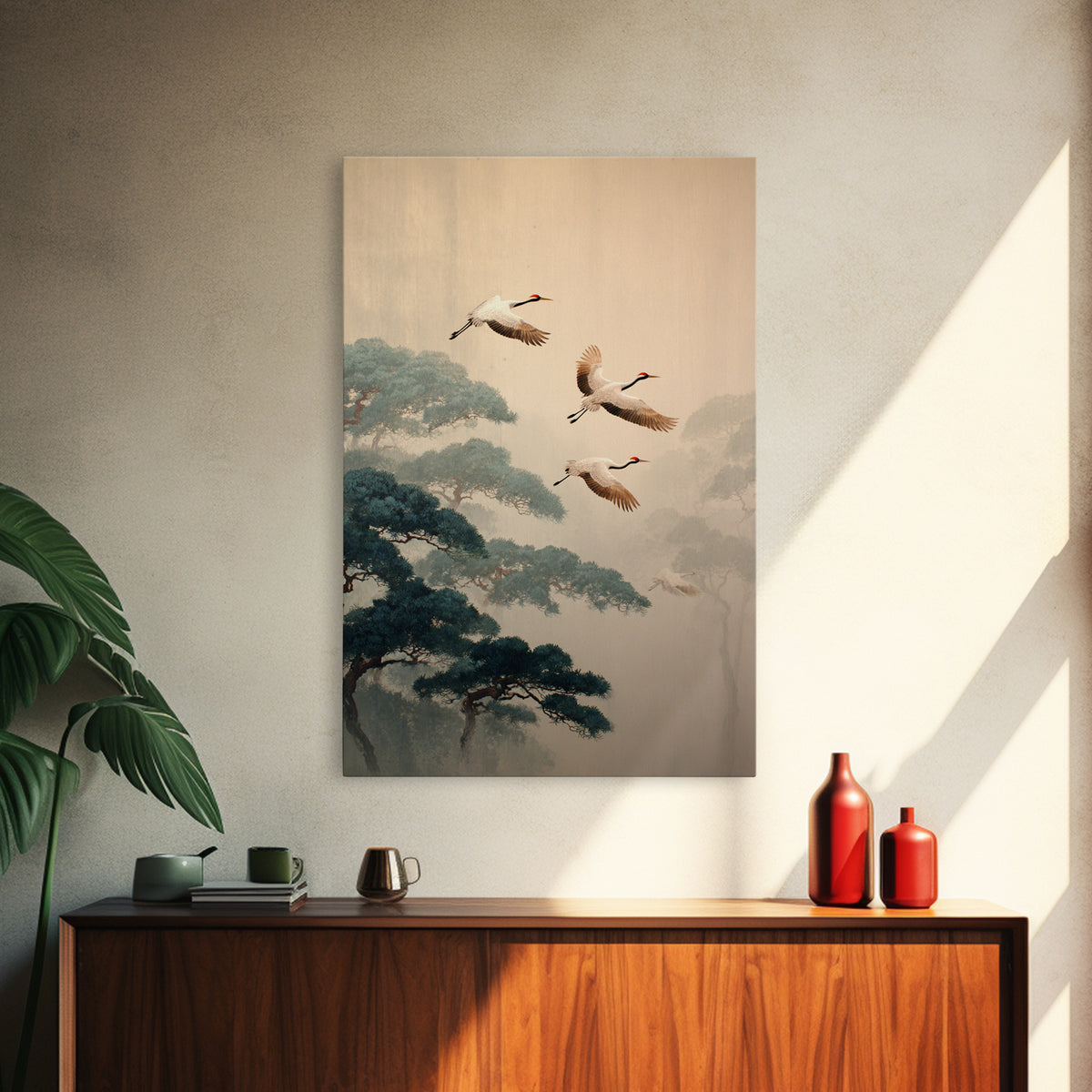 Red Crowned Cranes Flying Through Misty Pine Canvas Print, Asian Inspired Art, Bedroom Wall Decor, Living Room Decor, Harmony, ASI-2x3-57