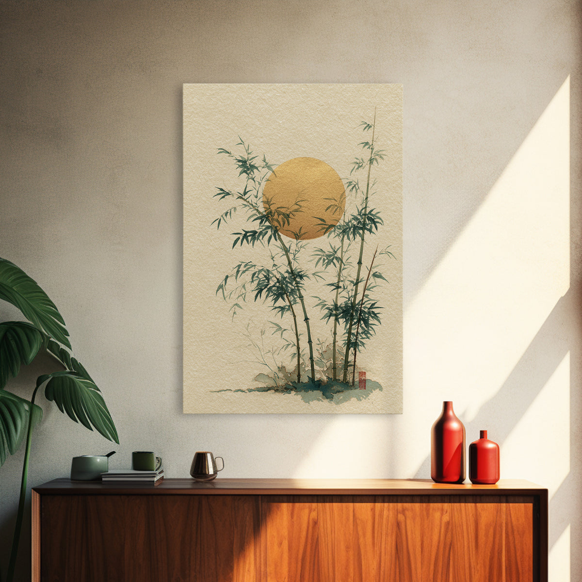 Golden Moon Behind Bamboo Silhouettes Canvas Print, Asian Inspired Art, Living Room Decor, Fine Art, Harmony, Floral Art, ASI-2x3-61