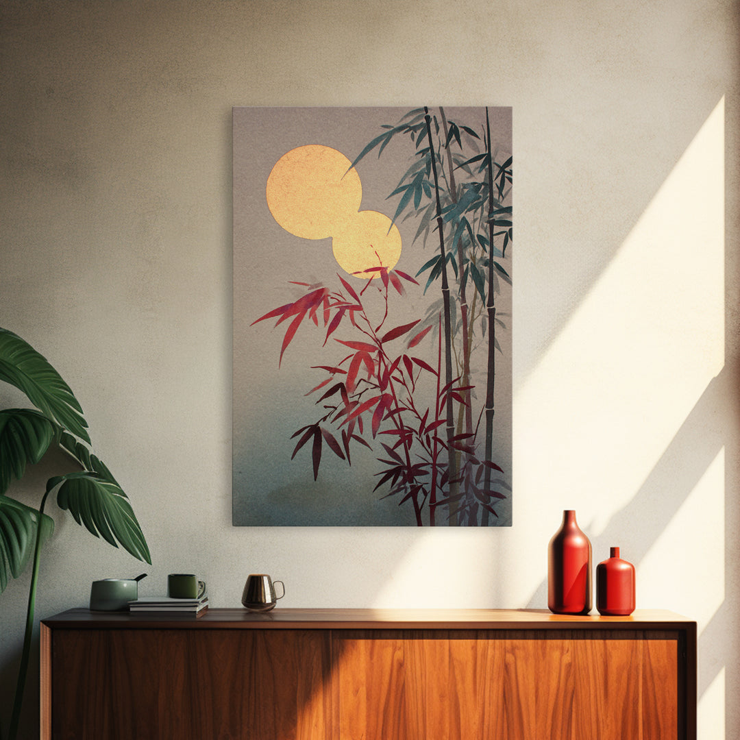 Golden Moon Behind Bamboo Silhouettes Framed Canvas Print, Asian Inspired Art, Japandi Wall Art, Living Room Decor, Harmony, ASI-2x3-85