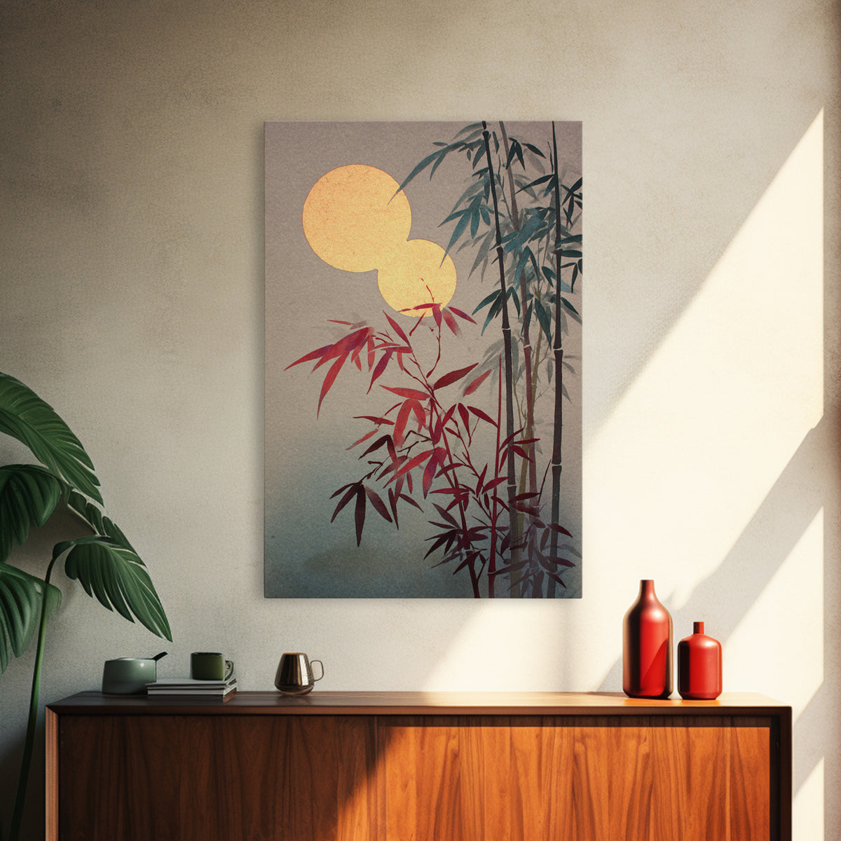 Golden Moon Behind Bamboo Silhouettes Framed Canvas Print, Asian Inspired Art, Japandi Wall Art, Living Room Decor, Harmony, ASI-2x3-85