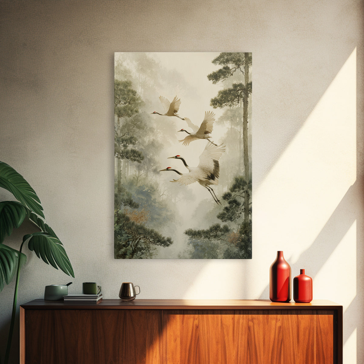 Red Crowned Cranes Flying Through Misty Pine Canvas Print, Asian Inspired Art, Poster, Living Room Decor, Fine Art, Harmony, ASI-2x3-9