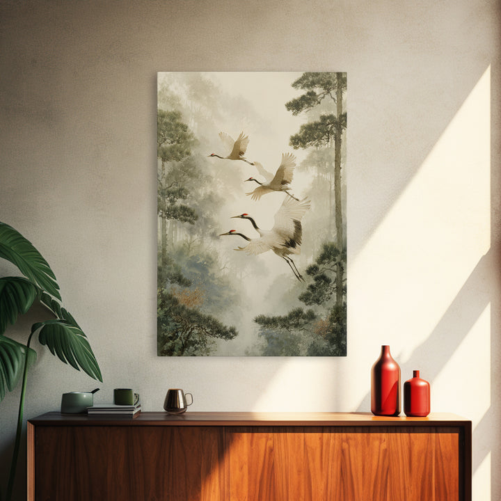 Red Crowned Cranes Flying Through Misty Pine Canvas Print, Asian Inspired Art, Poster, Living Room Decor, Fine Art, Harmony, ASI-2x3-9