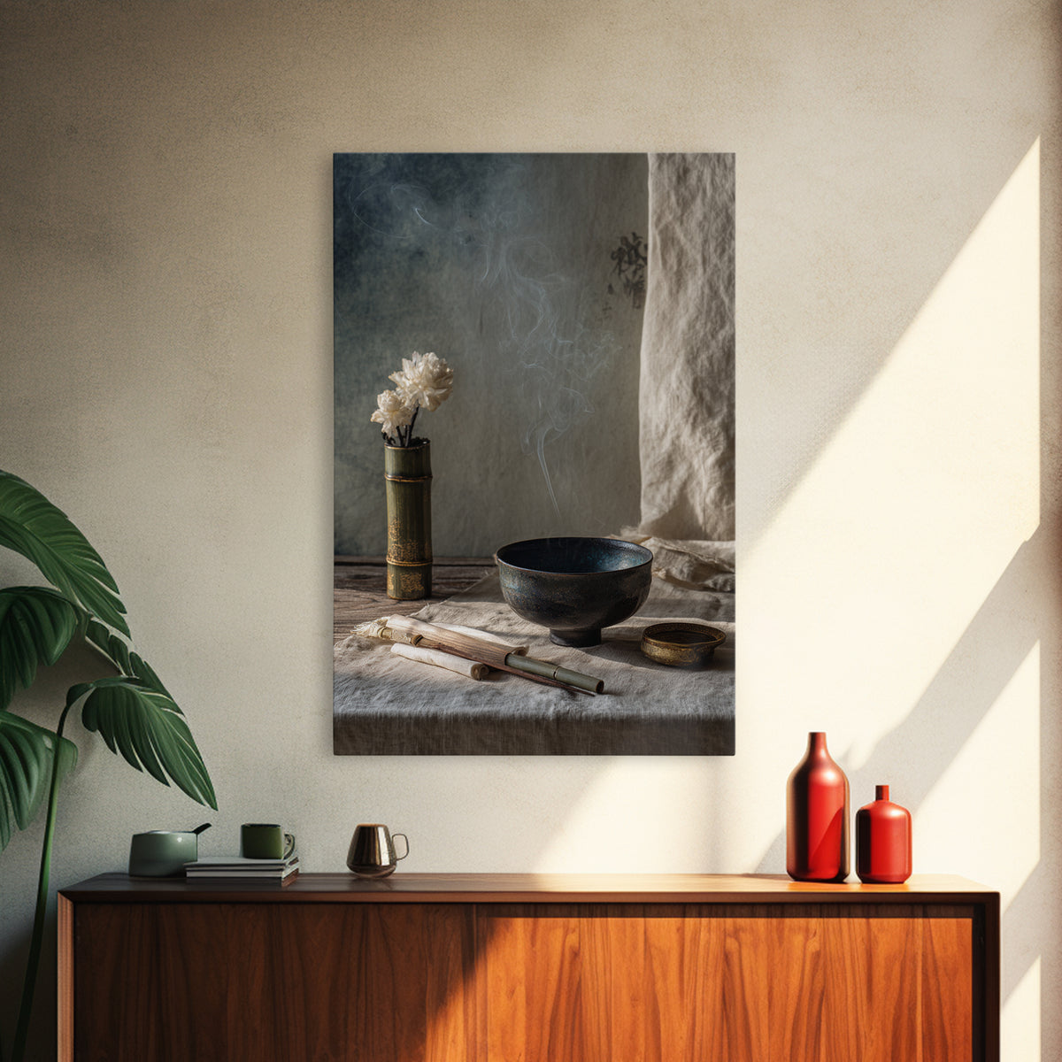 Tea Bowl and Steam Still Life on Canvas Print, Asian Inspired Art, Asian, Living Room Decor, Oil Painting, Harmony, ASI-2x3-95