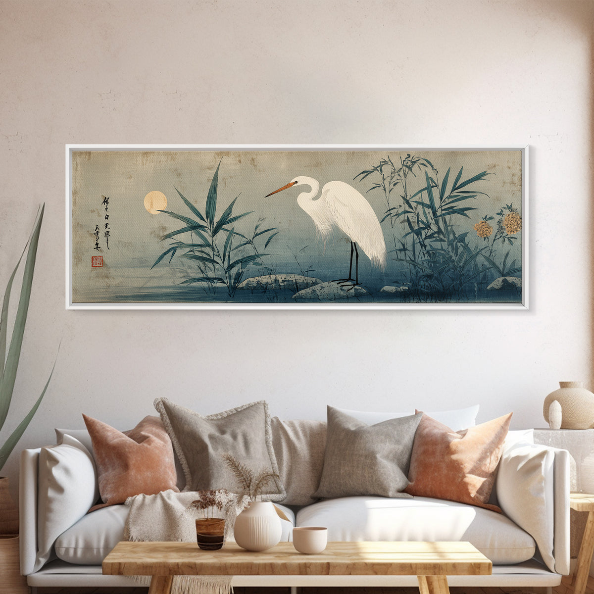 White Heron Standing Framed Canvas Print, Asian Inspired Art, Bedroom Wall Decor, Living Room Decor, Fine Art, Harmony, ASI-3x1-1