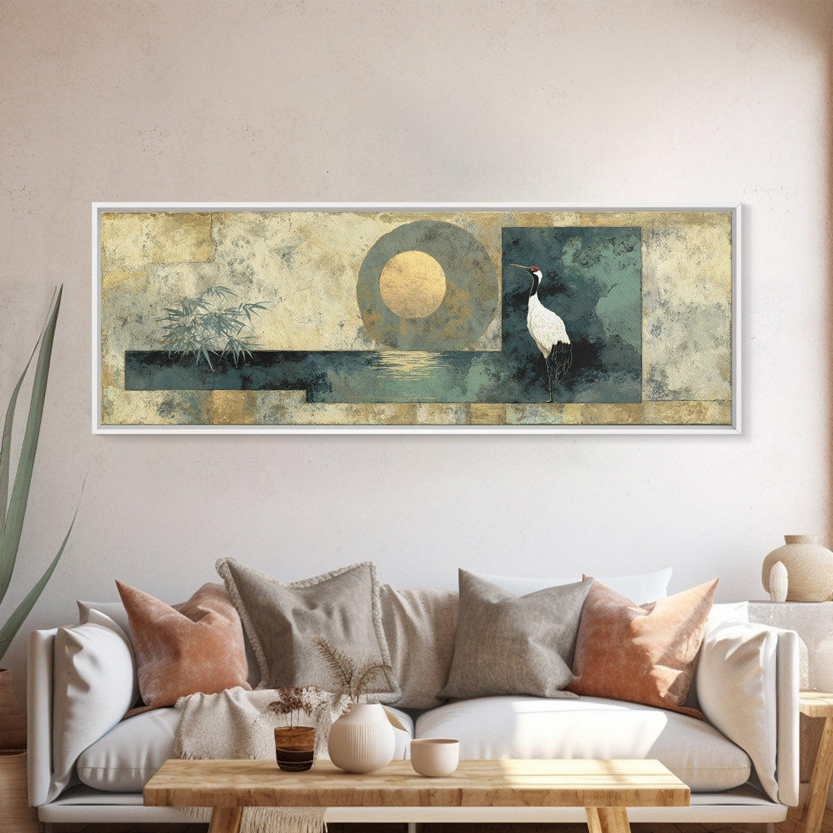 Crane and Moon Composition Canvas Print, Asian Inspired Art, Indian Art, Living Room Decor, Fine Art, Harmony, Neutral Decor, ASI-3x1-16