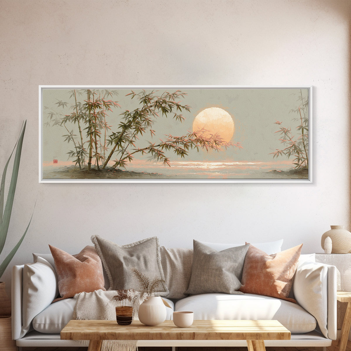 Golden Moon Behind Bamboo Silhouettes Canvas Print, Asian Inspired Art, Dark Academia Art, Living Room Decor, Fine Art, Harmony, ASI-3x1-21