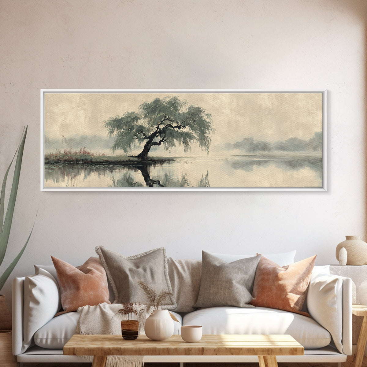 Willow Tree over a Reflective Pond Canvas Print, Asian Inspired Art, Art Nouveau, Living Room Decor, Abstract Art, Harmony, ASI-3x1-34