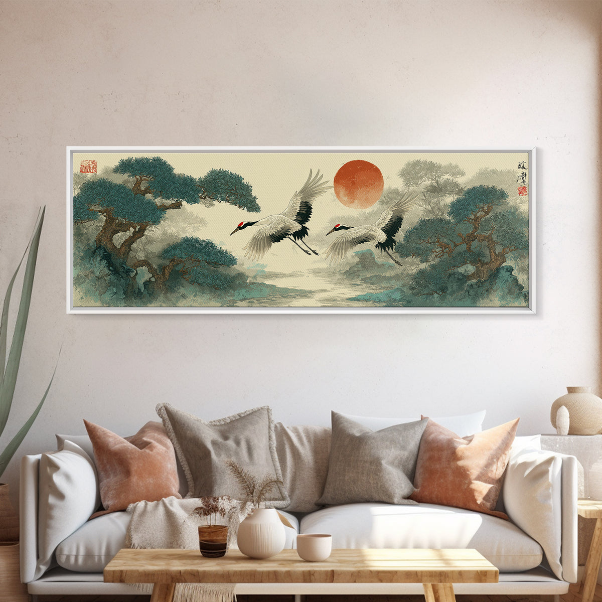 Red Crowned Cranes Flying Through Misty Pine Canvas Print, Asian Inspired Art, Aesthetic Wall Art, Living Room Decor, Harmony, ASI-3x1-41