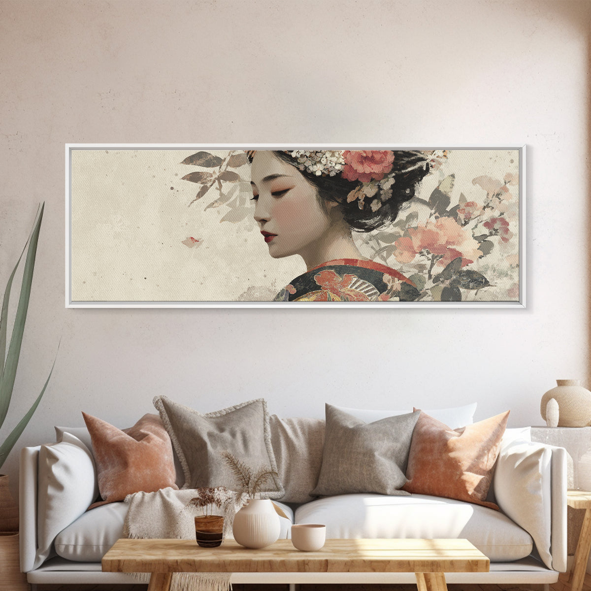 Elegant Geisha Portrait Canvas Print, Asian Inspired Art, Farmhouse Wall Art, Living Room Decor, Harmony, Spiritual Wall Art, ASI-3x1-46