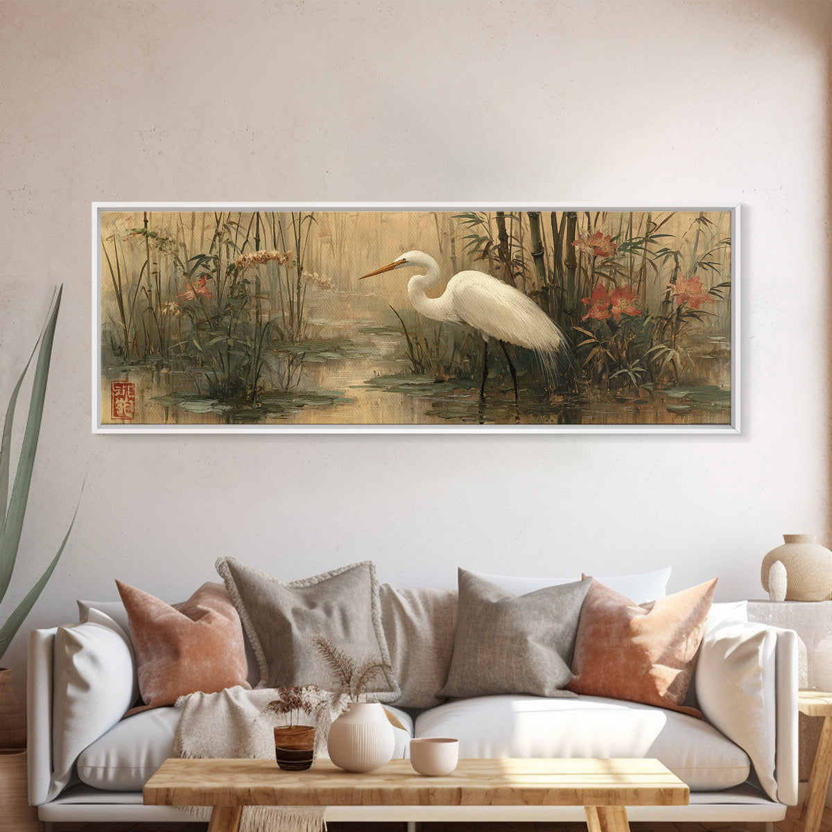 White Heron Standing Canvas Print, Asian Inspired Art, Indian Art, Living Room Decor, Abstract Art, Harmony, Neutral Decor, ASI-3x1-49