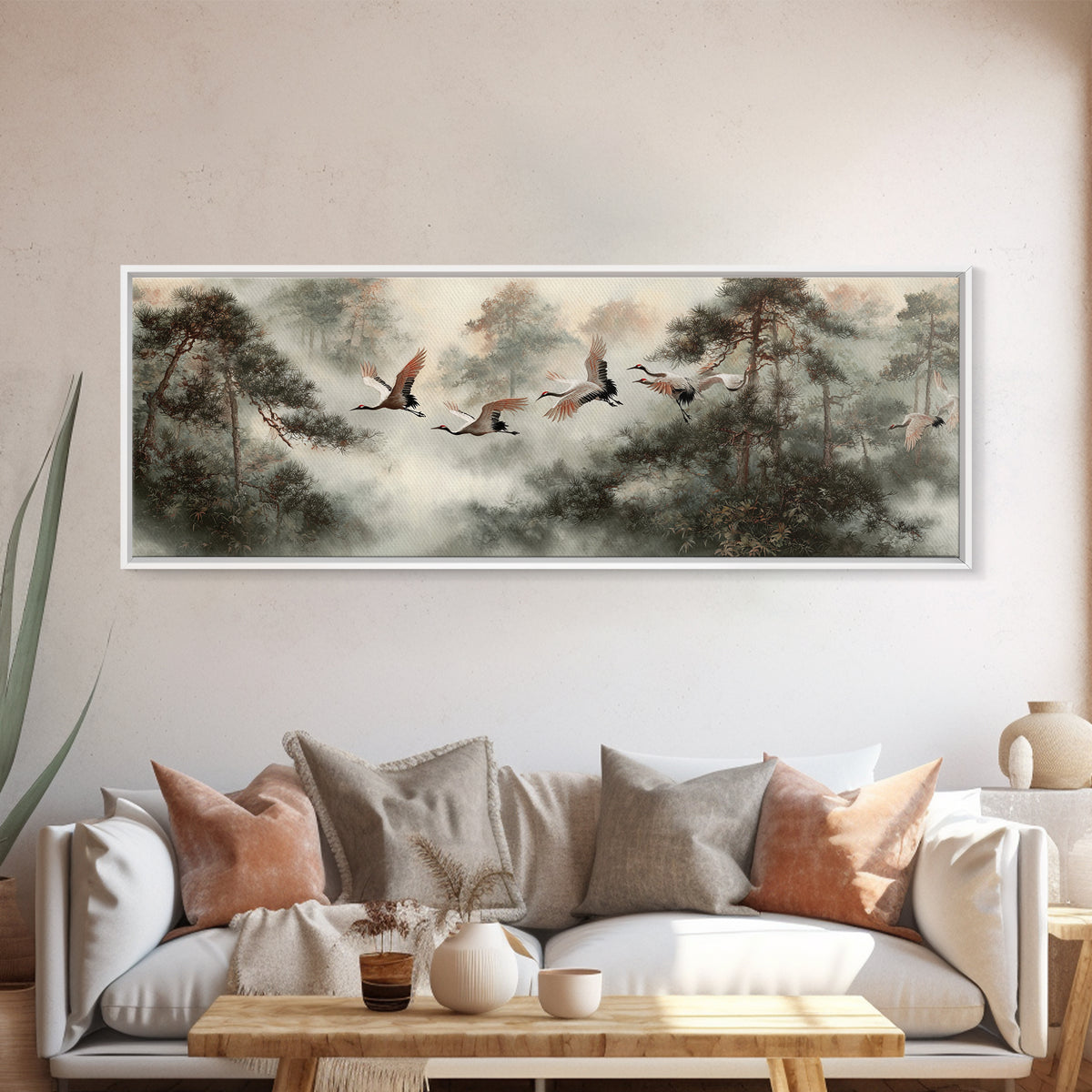 Red Crowned Cranes Flying Through Misty Pine Canvas Print, Asian Inspired Art, Aesthetic Wall Art, Living Room Decor, Harmony, ASI-3x1-65