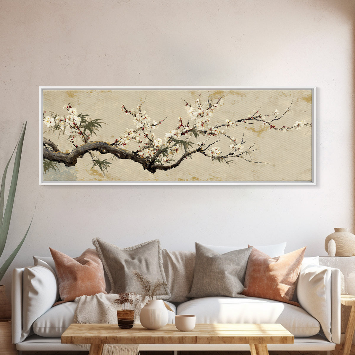 Cherry Blossom Branch Framed Canvas Print, Asian Inspired Art, Printable Art, Living Room Decor, Harmony, Neutral Wall Art, ASI-3x1-67