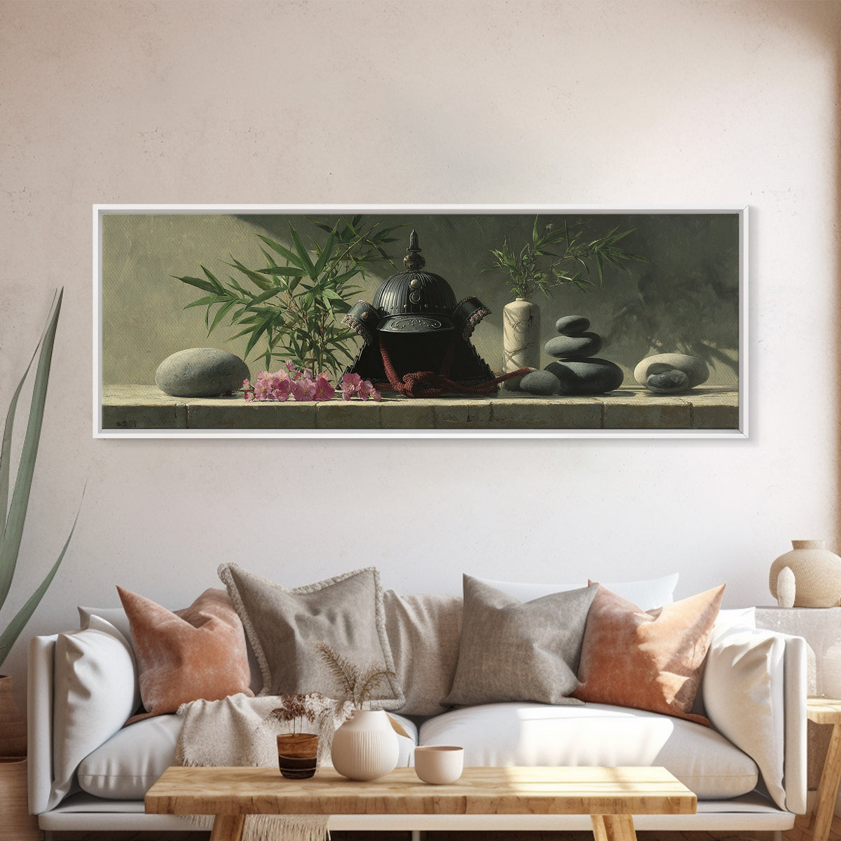 Samurai Helmet Still Life Canvas Print, Asian Inspired Art, Living Room Decor, Fine Art, Harmony, Floral Art, Botanical Print, ASI-3x1-71