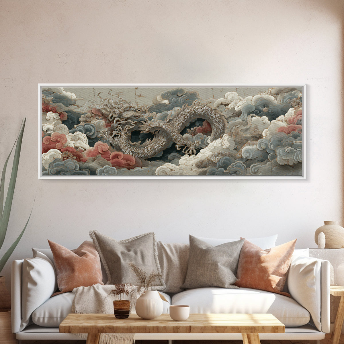 Dragon Curling Through Clouds Framed Canvas Print, Asian Inspired Art, Neutral Wall Art, Living Room Decor, Fine Art, Harmony, ASI-3x1-77