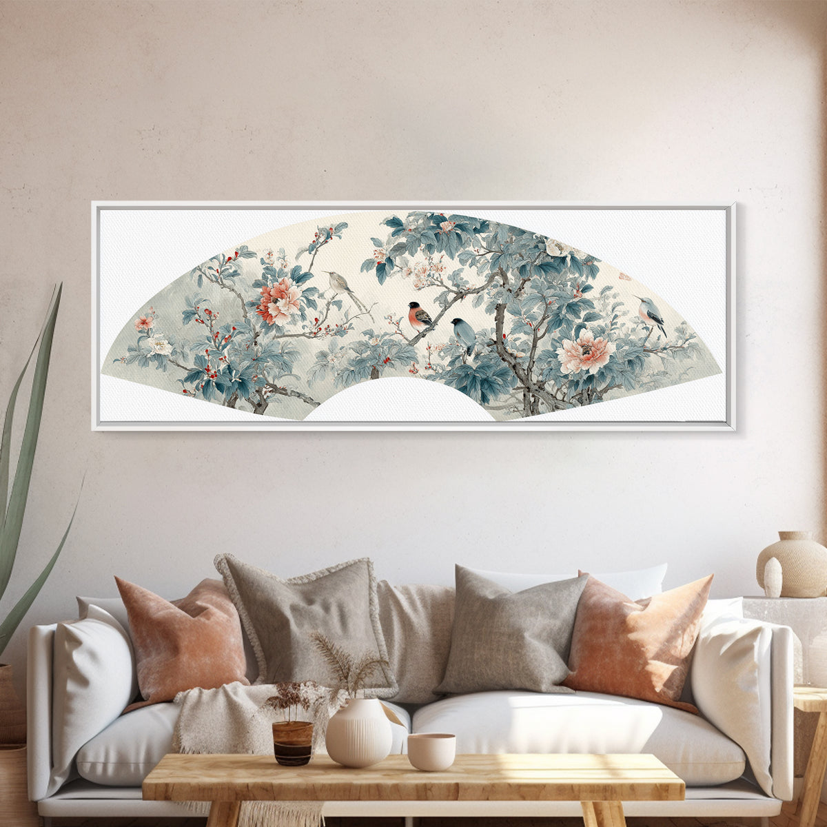 Fan Shaped Composition of Blossoms and Birds Canvas Print, Asian Inspired Art, Floral Art, Living Room Decor, Harmony, ASI-3x1-81