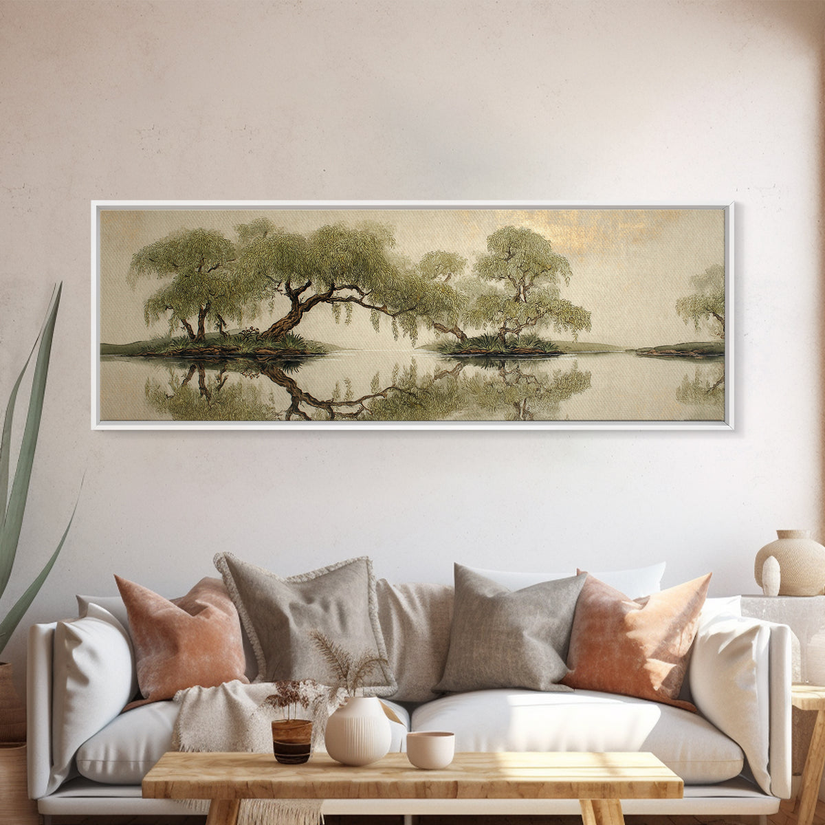 Willow Tree over a Reflective Pond Framed Canvas Print, Asian Inspired Art, Bird Art, Living Room Decor, Fine Art, Harmony, ASI-3x1-82