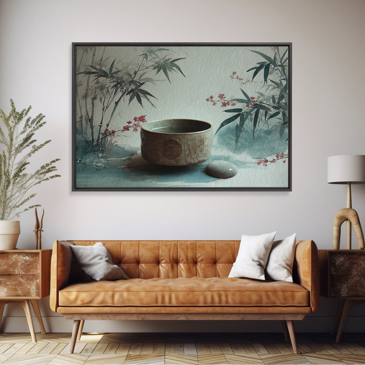 Tea Bowl and Steam Still Life on Framed Canvas Print, Asian Inspired Art, Aesthetic Wall Art, Living Room Decor, Harmony, ASI-3x2-19