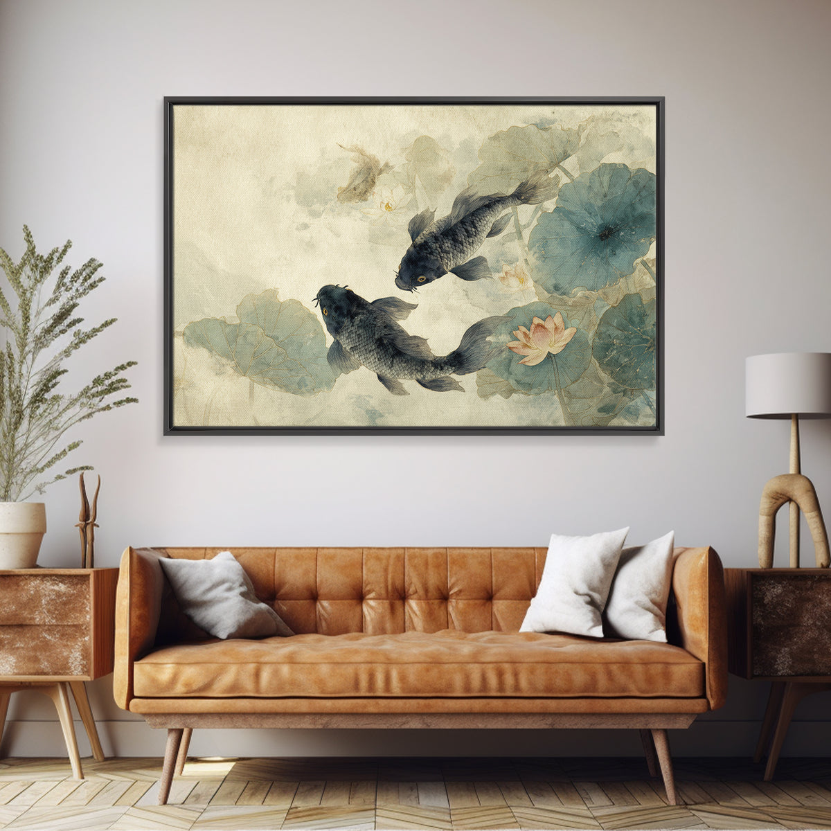 Koi Fish Circling Beneath Floating Lotus Blossoms Canvas Print, Asian Inspired Art, Digital Download Art, Living Room Decor, ASI-3x2-30