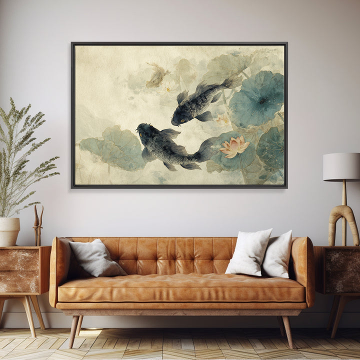 Koi Fish Circling Beneath Floating Lotus Blossoms Canvas Print, Asian Inspired Art, Digital Download Art, Living Room Decor, ASI-3x2-30