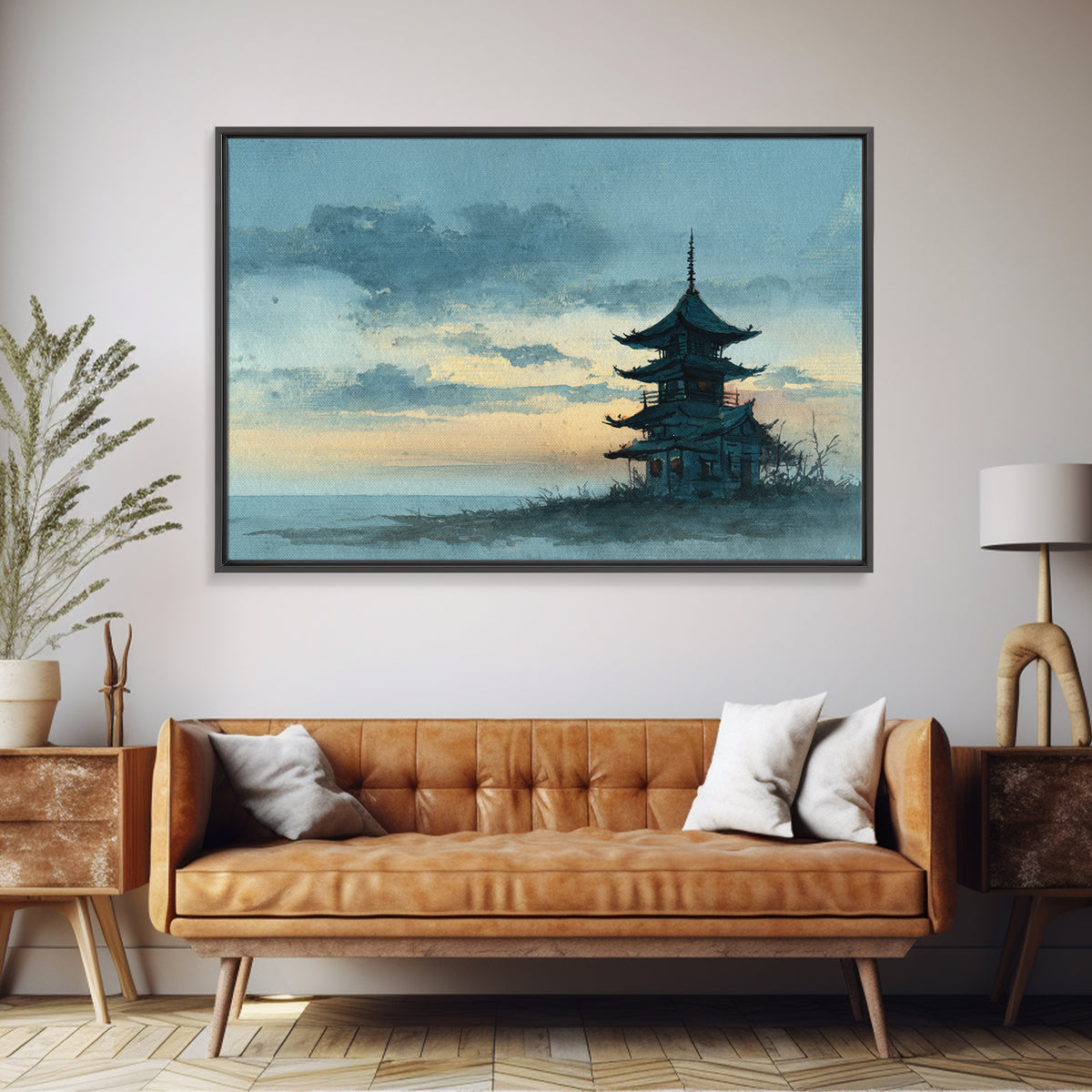 Pagoda Silhouette at Sunset Framed Canvas Print, Asian Inspired Art, Neutral Decor, Living Room Decor, Fine Art, Harmony, ASI-3x2-39